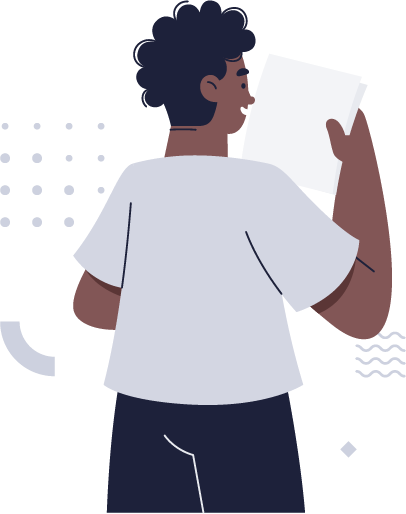 A vector illustration of a person looking at sheets of paper, smiling, with their back turned to the viewer.